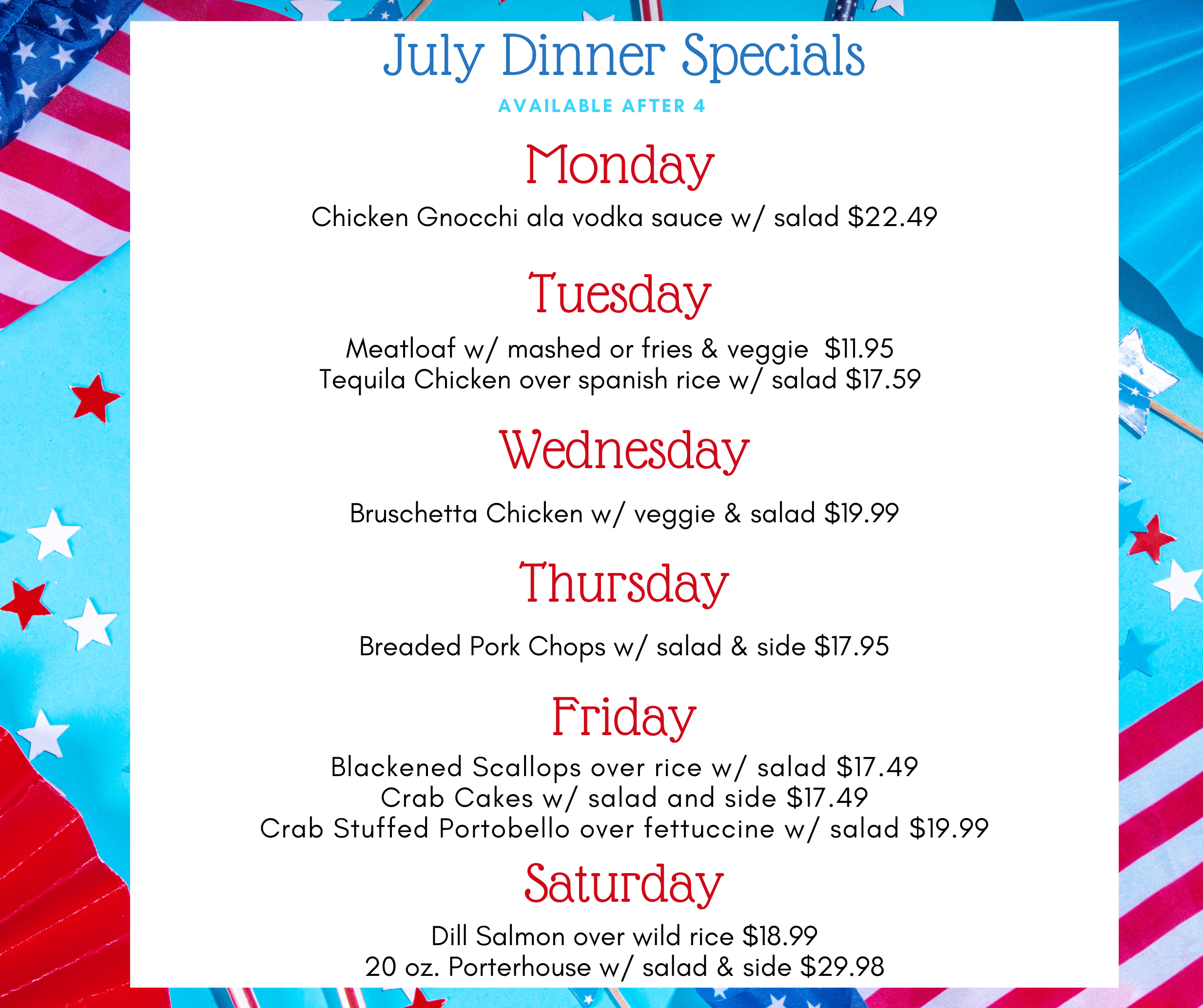 July Dinner Specials