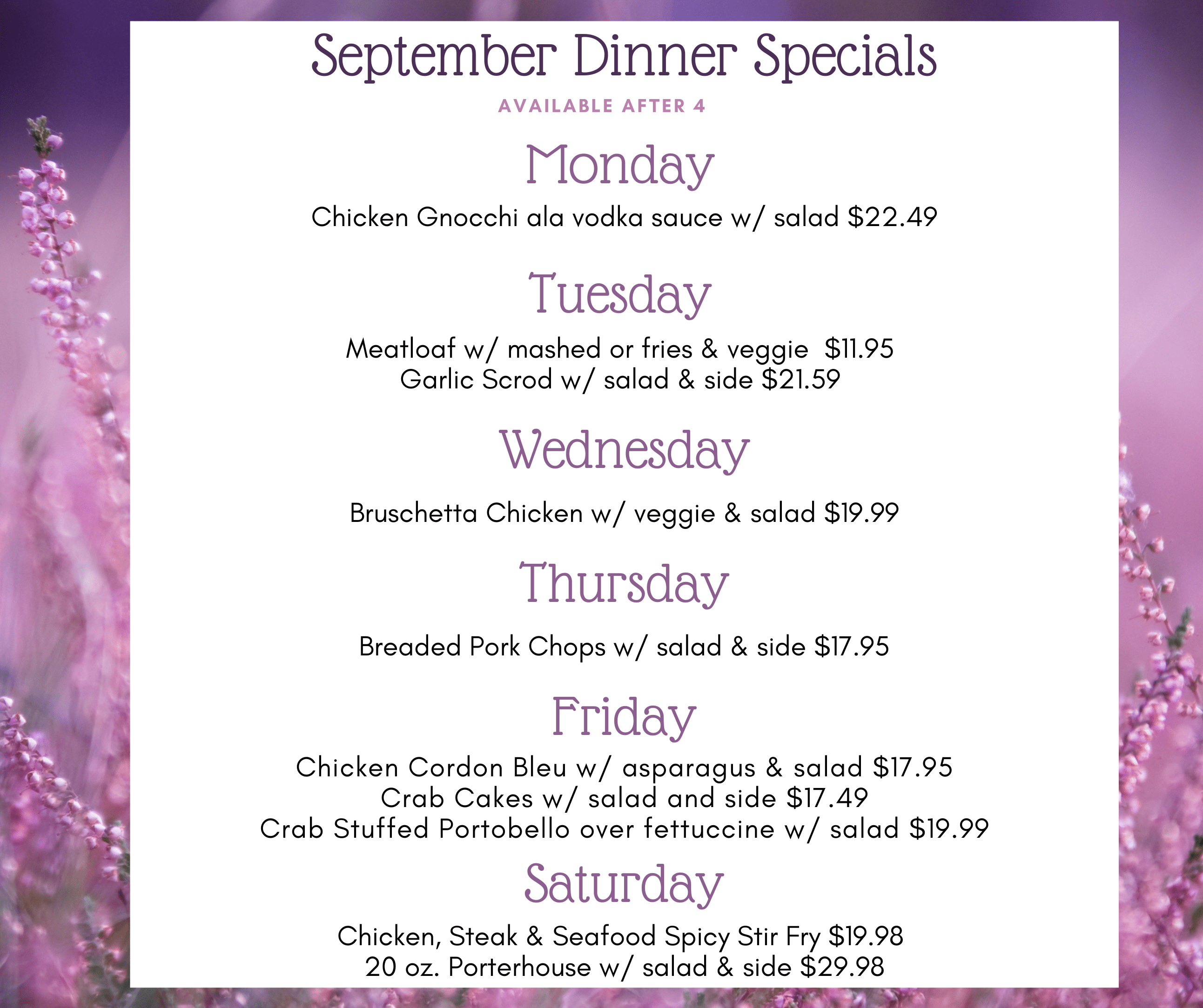 September Dinner Specials